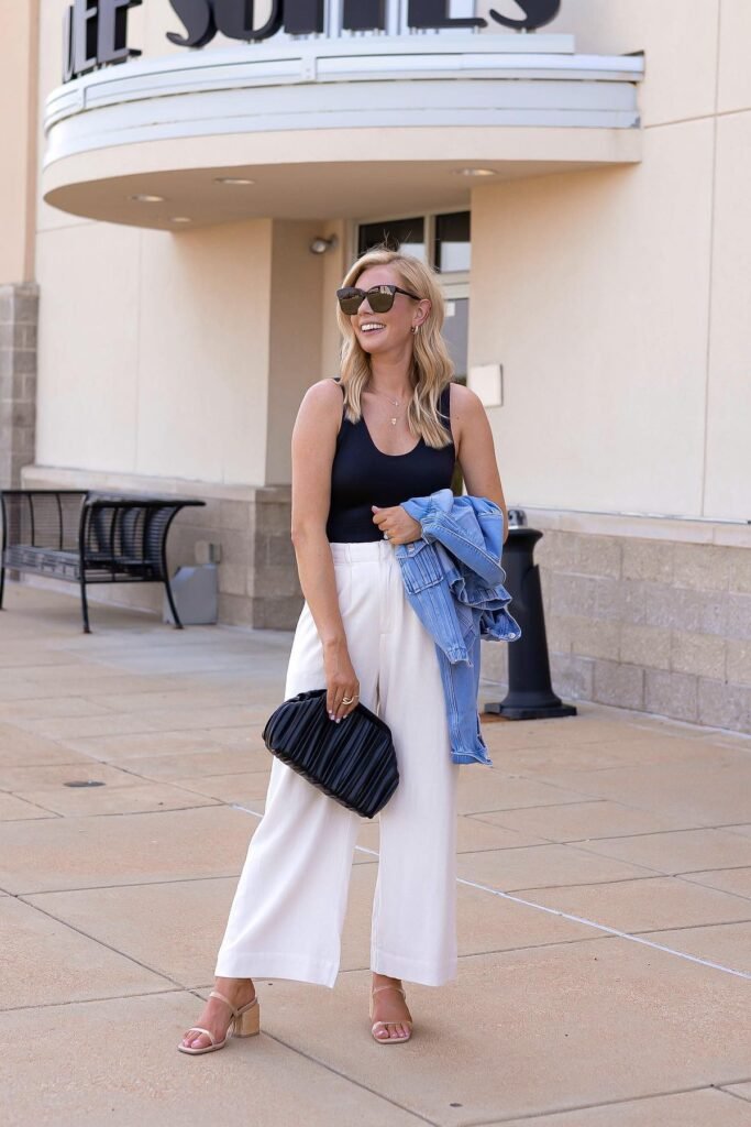 Black Tank Top + White Wide-Leg Trousers + Nude Block Heel Sandals