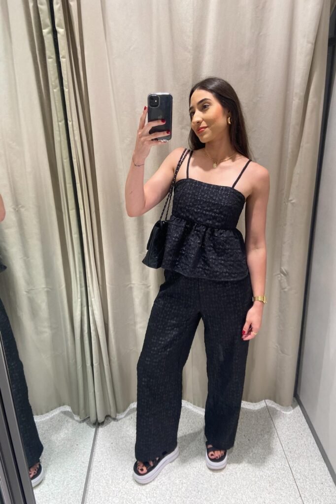 Black Textured Peplum Camisole + Matching Black Wide Leg Trousers + Black and White Platform Sandals