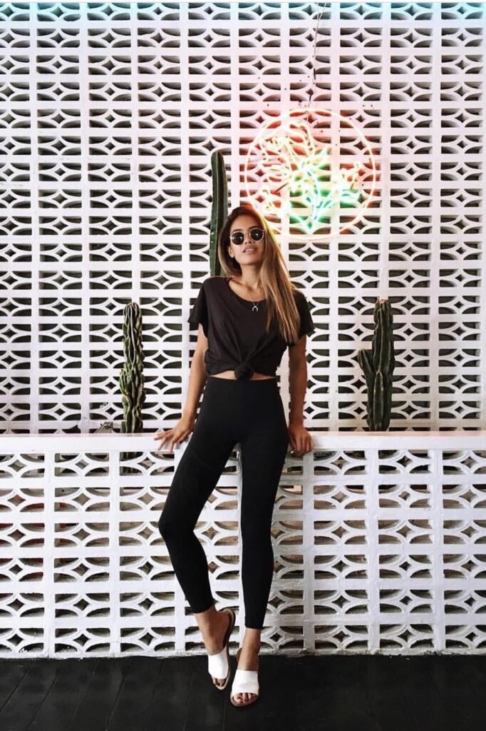 Black Tied T-Shirt + Black High-Waisted Leggings + White Slides