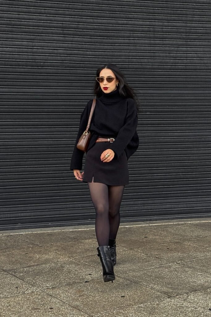 Black Turtleneck Oversized Sweater + Black Mini Skirt + Black Sheer Tights