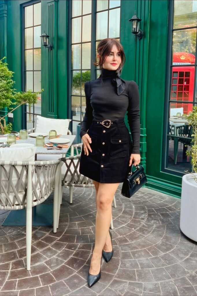 Black Turtleneck Top + Black Button Down Mini Skirt + Black Pointed Heels