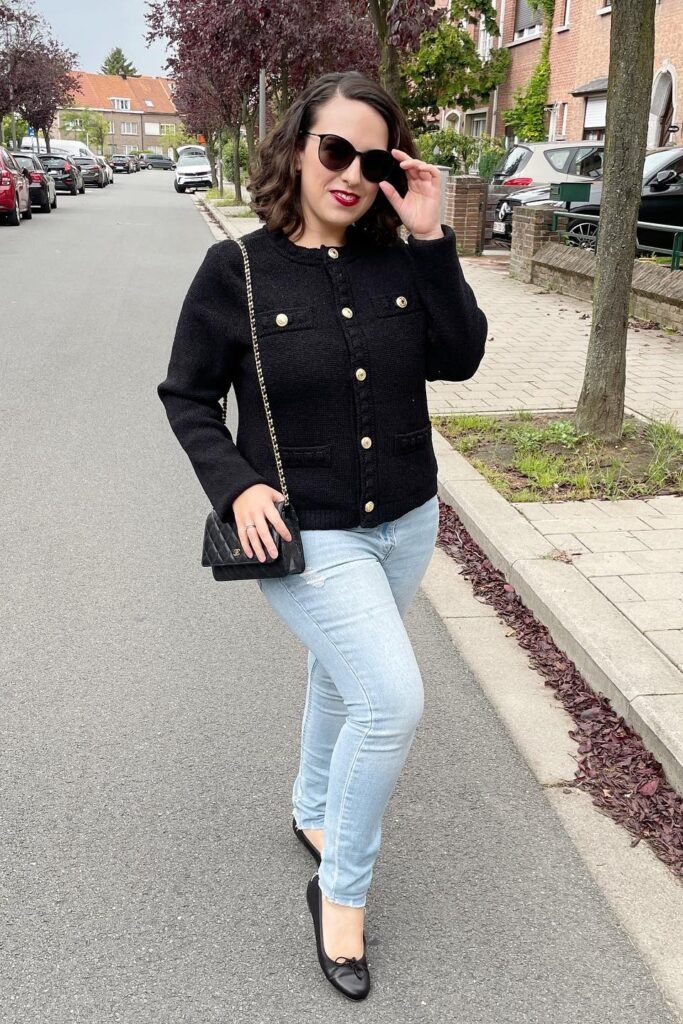 Black Tweed Button Up Jacket + Light Wash Skinny Jeans + Black Ballet Flats