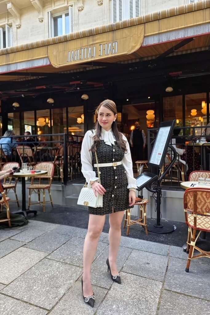 Black Tweed Button Up Pinafore + White Bow Tie Blouse + Black Embellished Pumps