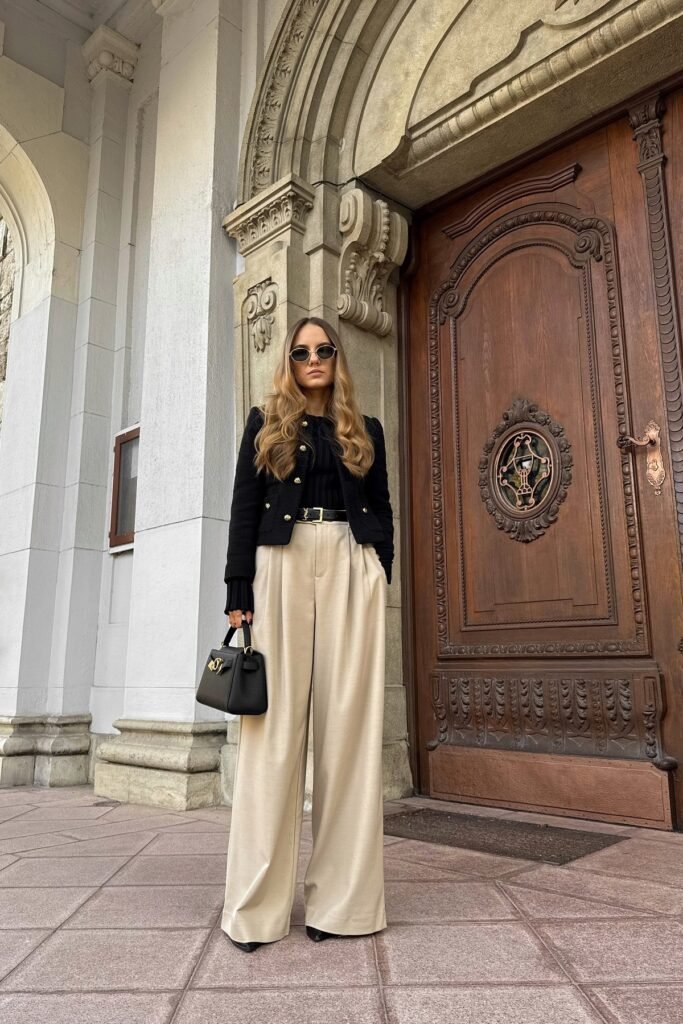 Black Tweed Cropped Jacket + Black Ribbed Top + Beige Wide-Leg Trousers + Black Pointed Heels