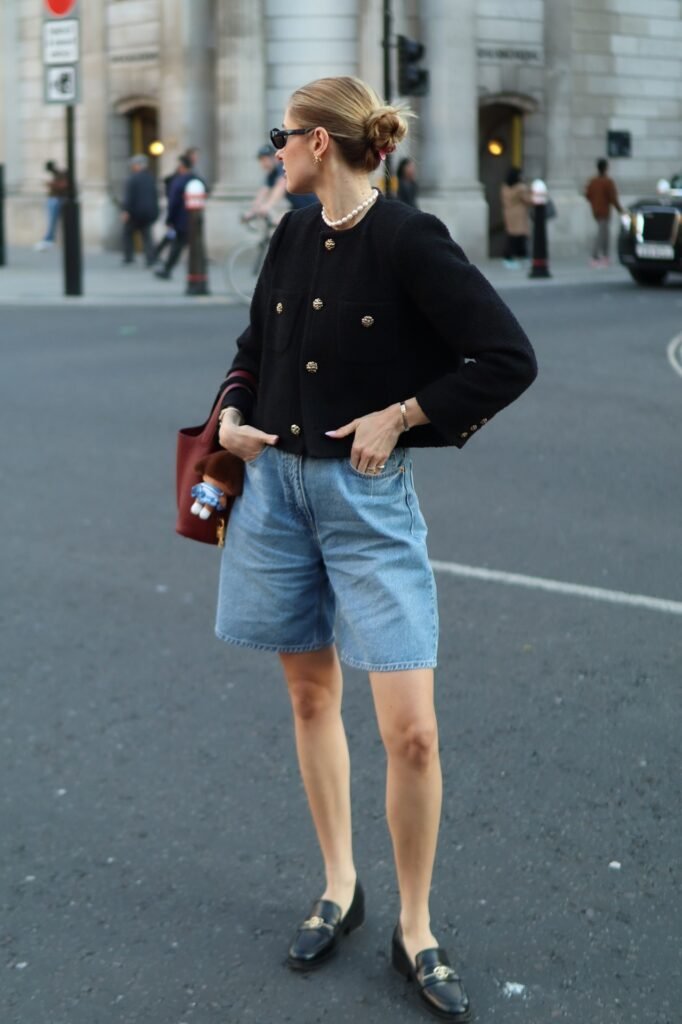Black Tweed Jacket + Denim Long Shorts + Black Horsebit Loafers