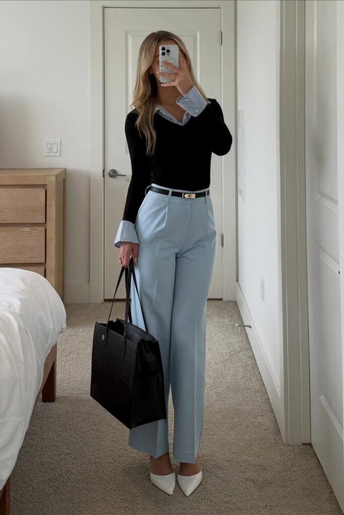 Black V-Neck Sweater over Blue Striped Shirt + Light Blue Trousers + Black Slim Belt + White Pointed Heels