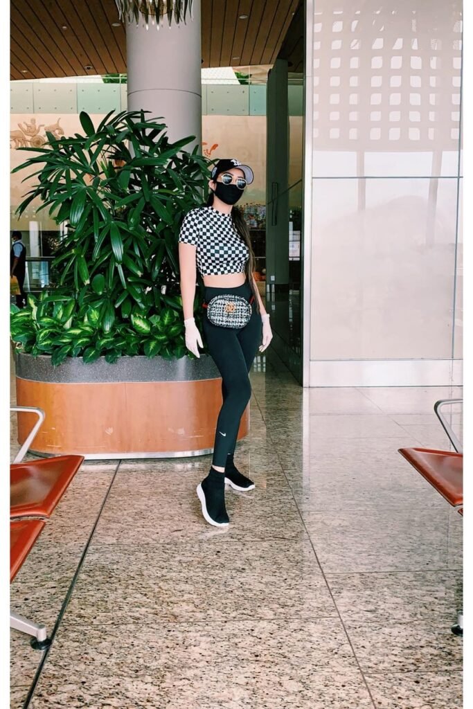 Black & White Checkered Crop Top + Black Leggings + Black Sock Sneakers