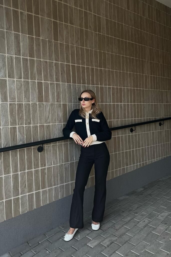 Black & White Contrast Cardigan + Black Flared Trousers + White Bow Ballet Flats