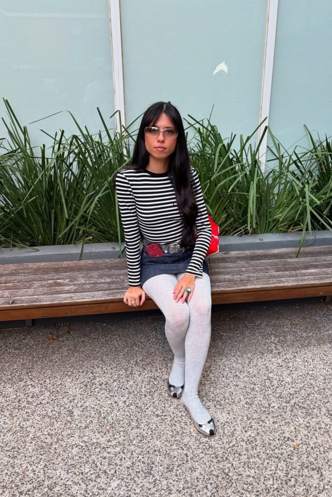Black & White Long Sleeve Striped Tee + Denim Mini Skirt + Grey Tights + Silver Cap Toe Flats