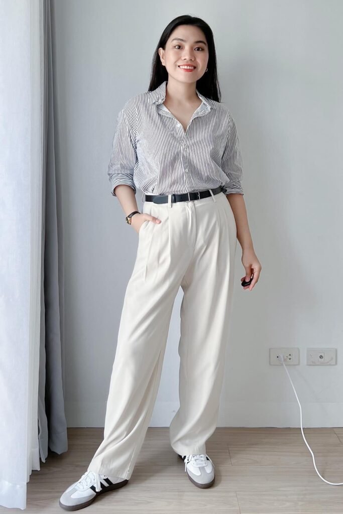 Blue Striped Button-Down + White Maxi Skirt + Blue & White Platform Sneakers