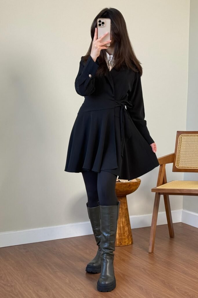 Black Wrap Mini Dress + Black Opaque Tights + Black Knee-High Chunky Boots