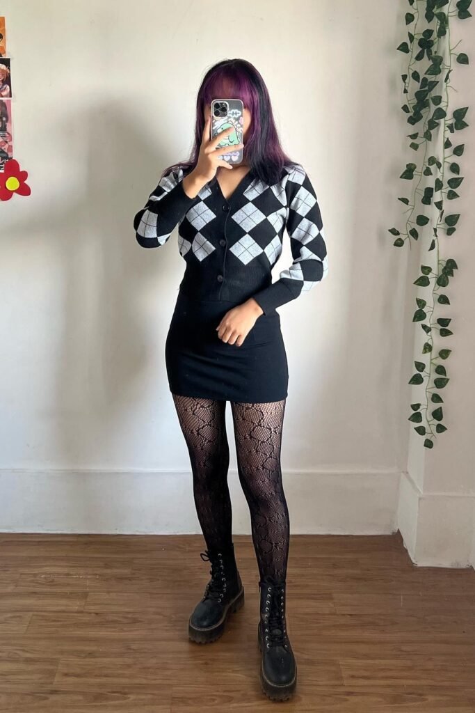 Black and White Argyle Cardigan + Black Bodycon Mini Skirt + Patterned Fishnet Tights + Black Platform Combat Boots