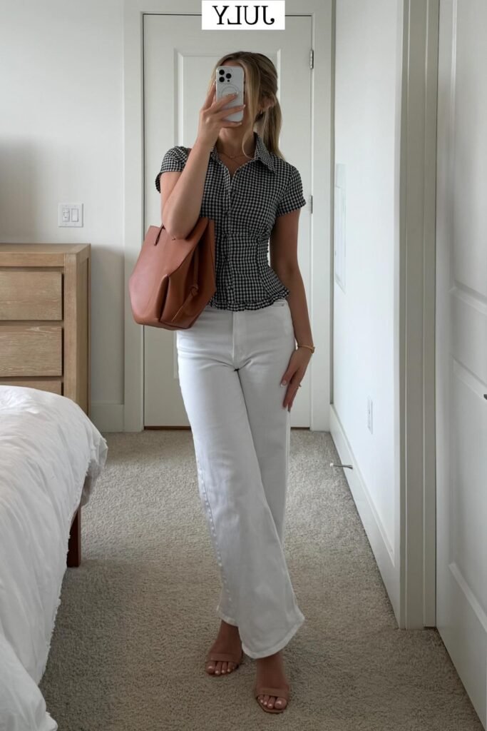 Black and White Gingham Button-Up + White Wide-Leg Jeans + Tan Strappy Sandals