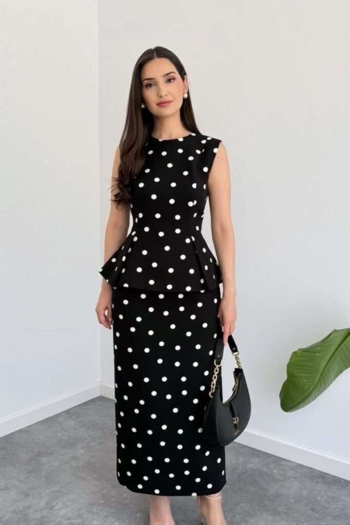 Black and White Polka Dot Peplum Top + Matching Polka Dot Pencil Skirt + Black Shoulder Bag