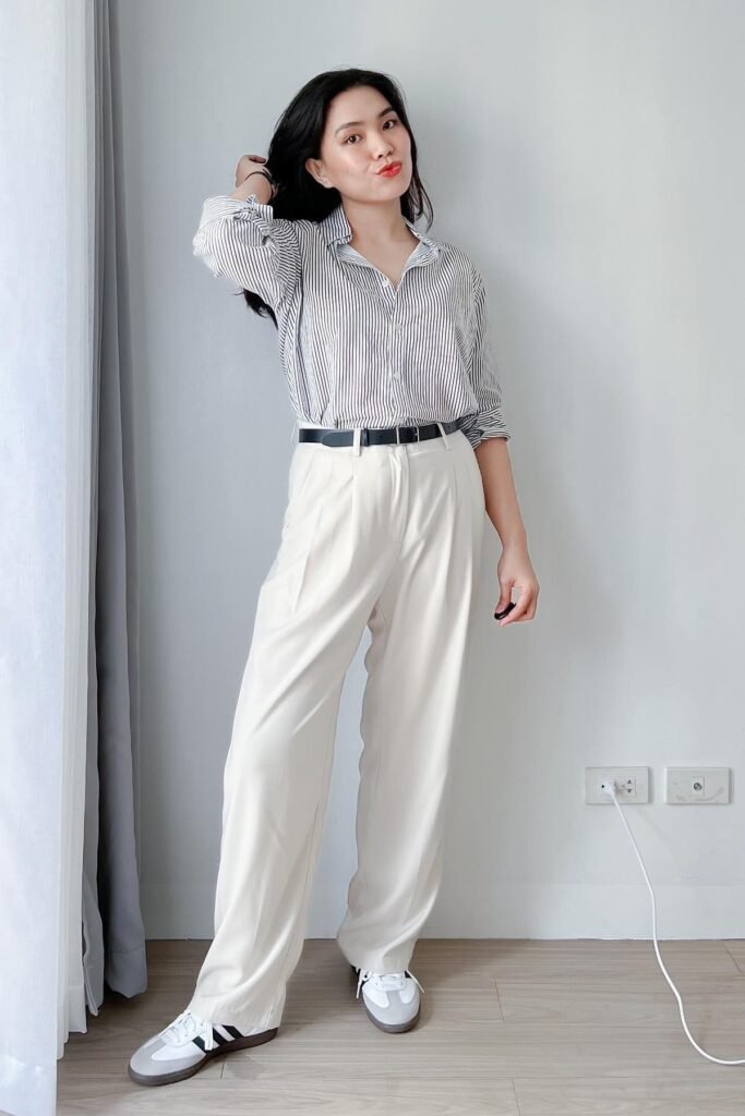 Black and White Striped Button-Down + White Wide-Leg Trousers + Black and White Sneakers