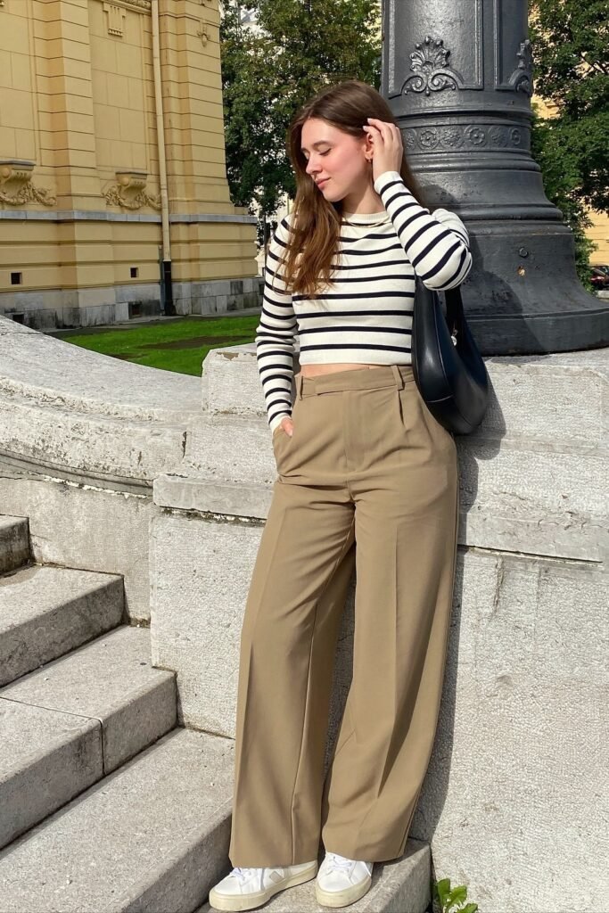 Black and White Striped Long Sleeve Top + Khaki Wide Leg Trousers + White Sneakers