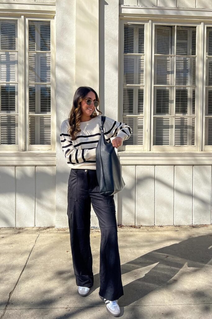 Black and White Striped Sweater + Black Cargo Pants + White and Grey Sneakers