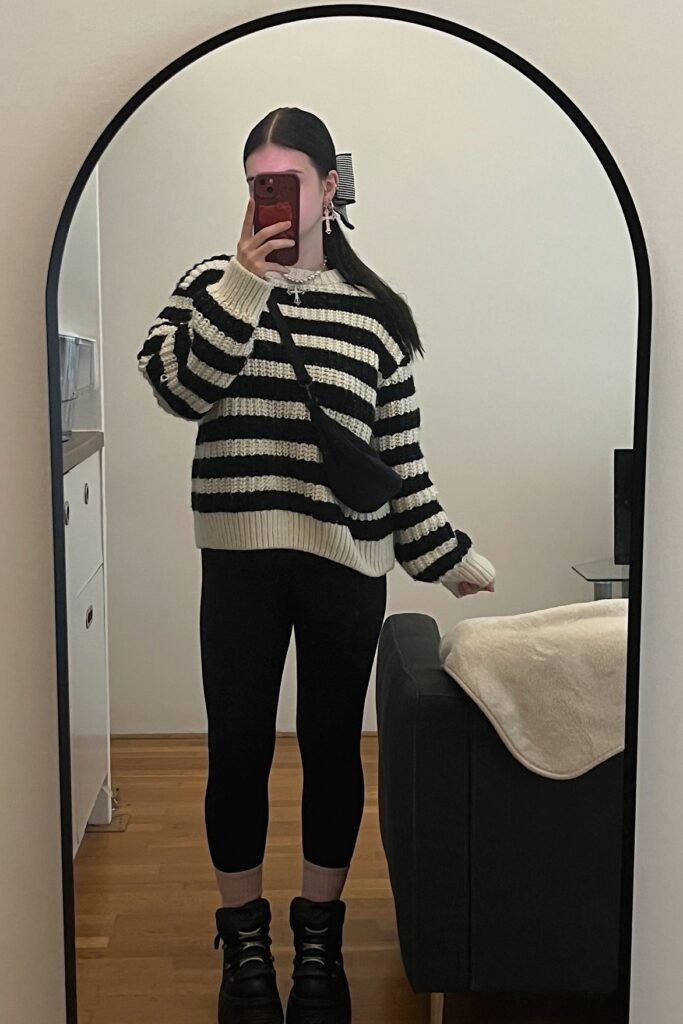 Black and White Striped Sweater + Black Leggings + Black Platform Boots