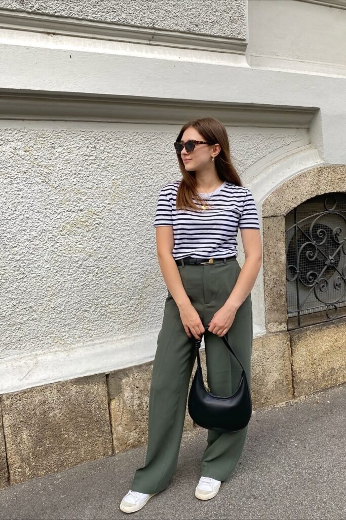 Black and White Striped T Shirt + Olive Green Wide Leg Trousers + White Low Top Sneakers