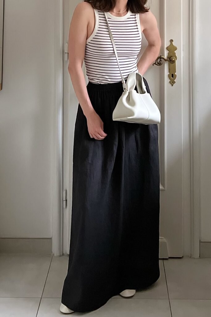Black and White Striped Tank Top + High Waisted Black Maxi Skirt + White Leather Flats