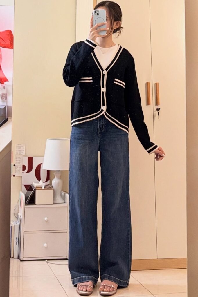 Black and White Tipped Cardigan + White T-Shirt + Dark Blue Wide-Leg Jeans + Silver Strappy Sandals