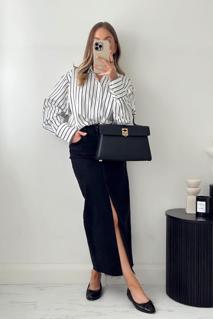 Black and White Vertical Striped Shirt + Black Maxi Skirt with Slit + Black Ballet Flats