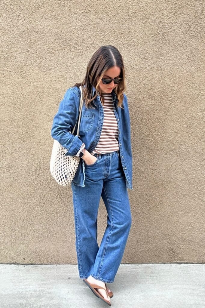 Blue Denim Shirt + Brown and White Striped T-Shirt + Straight-Leg Blue Jeans