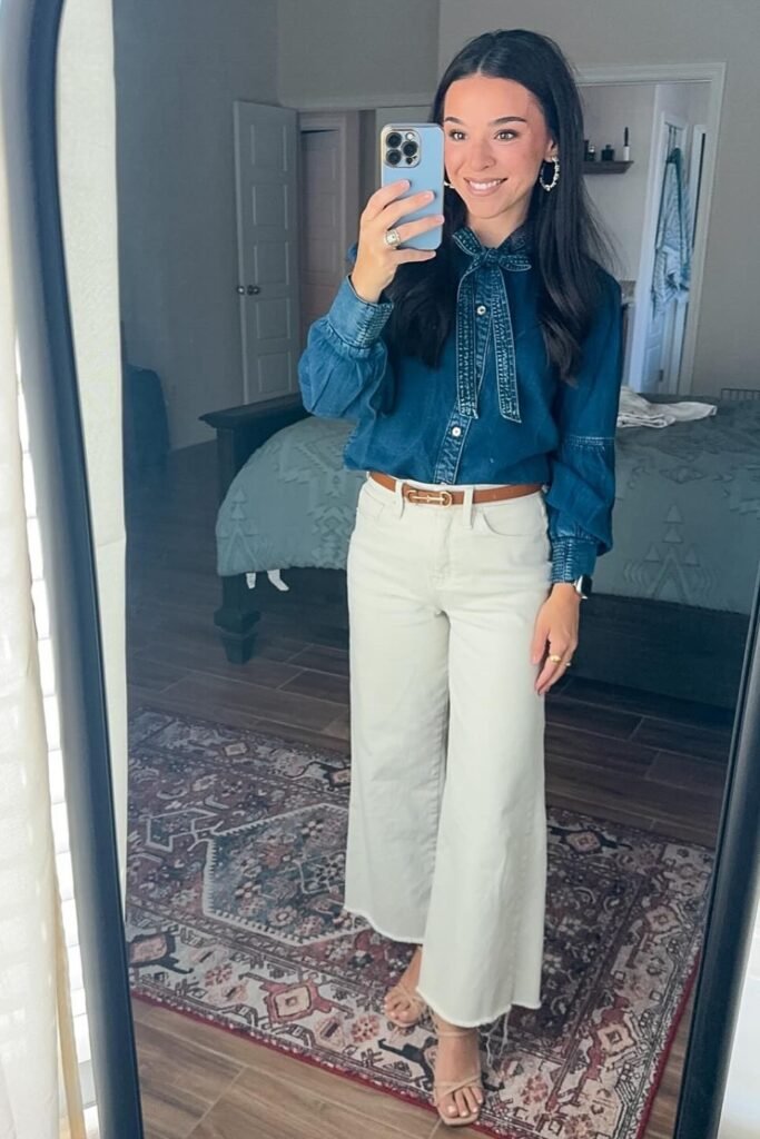 Blue Denim Tie Neck Blouse + Cream Wide Leg Jeans + Tan Strappy Sandals