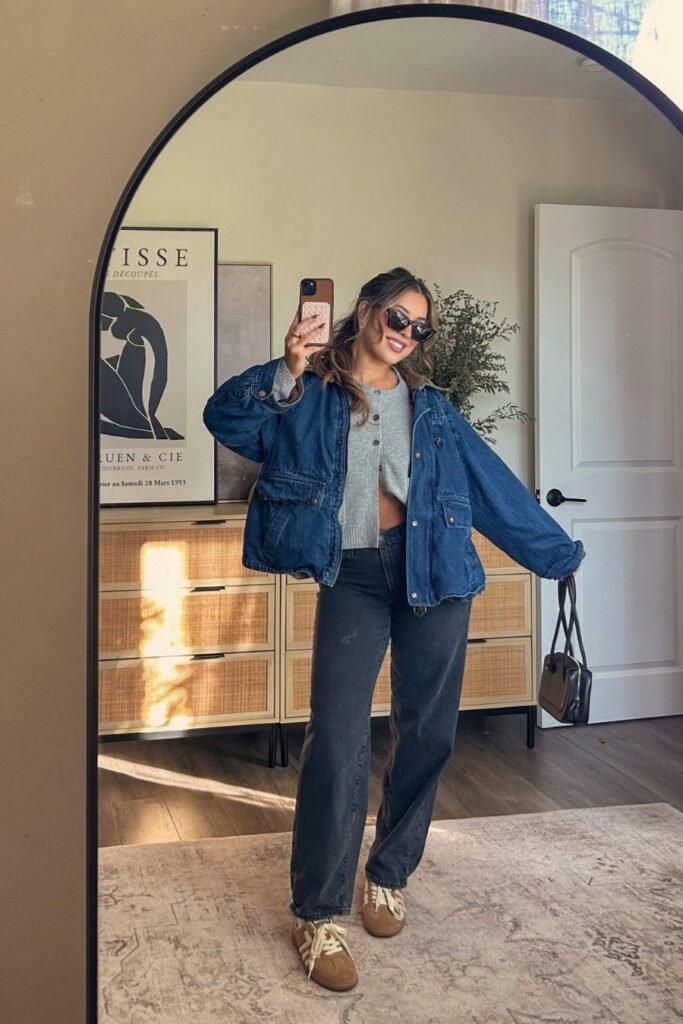 Blue Denim Utility Jacket + Grey Button-Up Cardigan + Black Wide-Leg Jeans