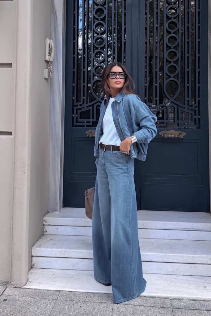 Blue Denim Zip-Up Jacket + White T-Shirt + Light Wash Wide-Leg Jeans