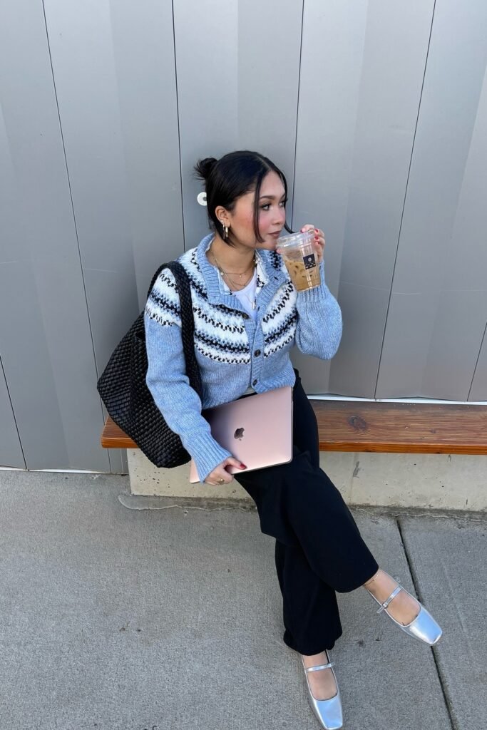 Blue Fair Isle Cardigan + Black Wide Leg Trousers + Silver Square Toe Mary Janes