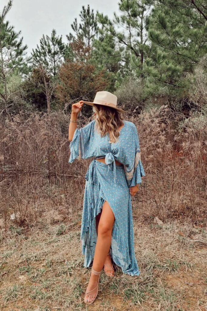 Blue Floral Bell-Sleeve Tie-Front Top + Matching High-Slit Wrap Skirt + Tan Fedora + Strappy Sandals