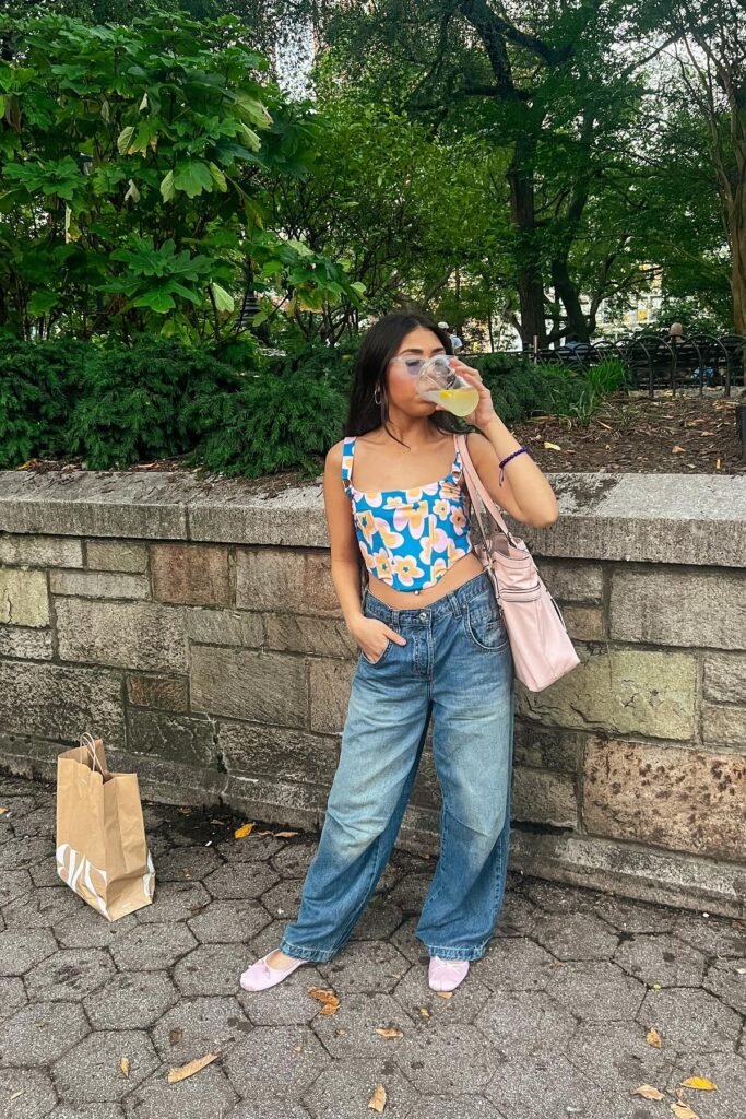 Blue Floral Corset Top + Baggy Light Wash Jeans + Pink Satin Ballet Flats