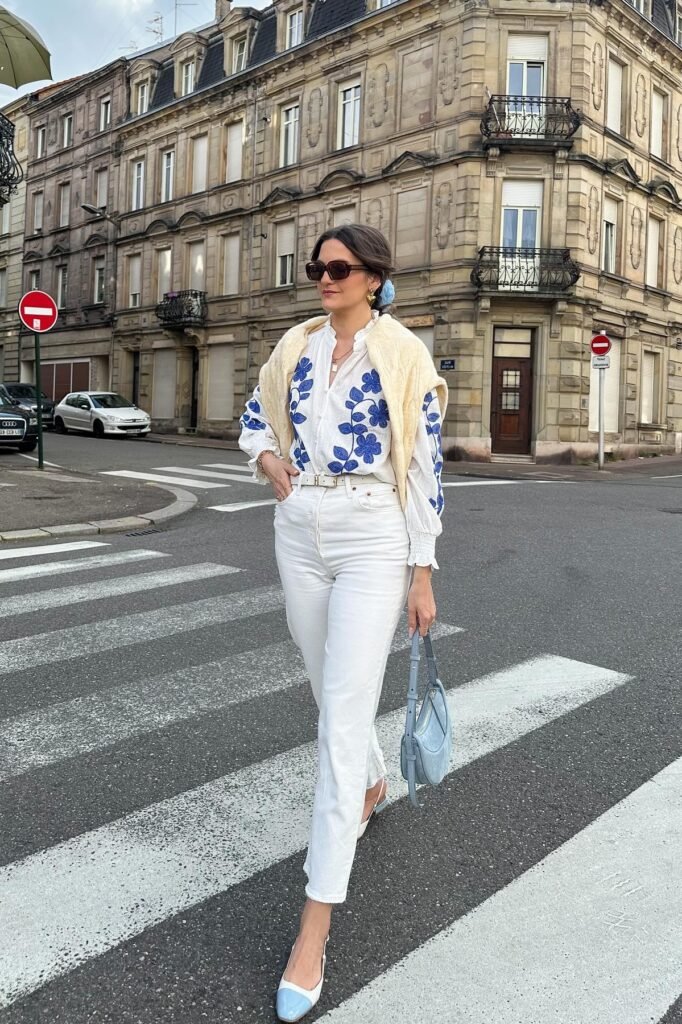 Blue Floral Embroidered Blouse + White Straight-Leg Jeans + Blue Slingbacks