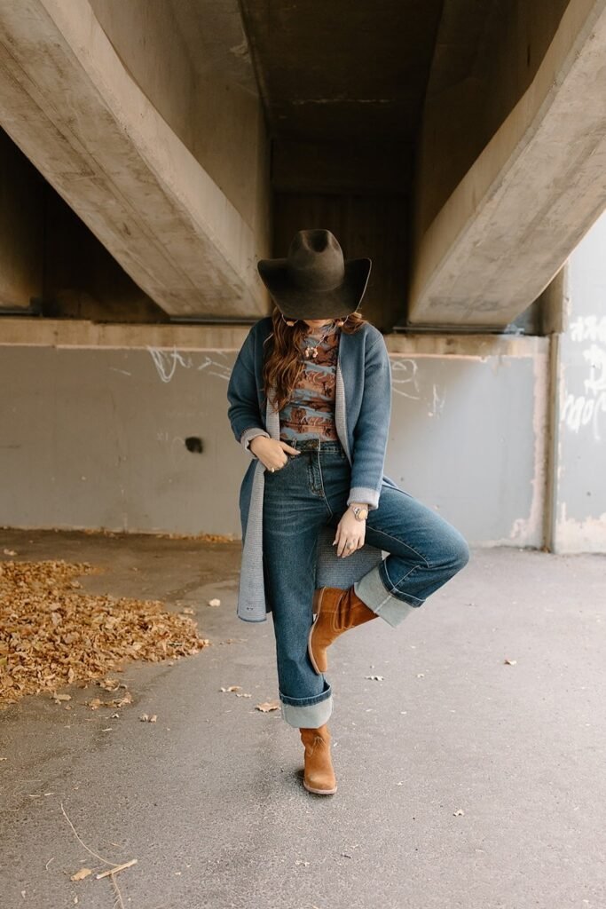 Blue Longline Cardigan + Cuffed Straight-Leg Jeans + Tan Suede Ankle Boots