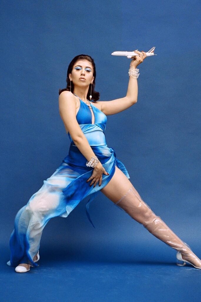 Blue Ombré Halter Dress + Clear Thigh-High Boots + Crystal Bracelets