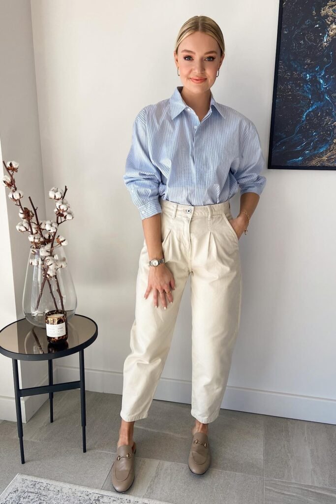 Blue Pinstripe Button-Down Shirt + Cream Pleated Trousers + Taupe Horsebit Mules