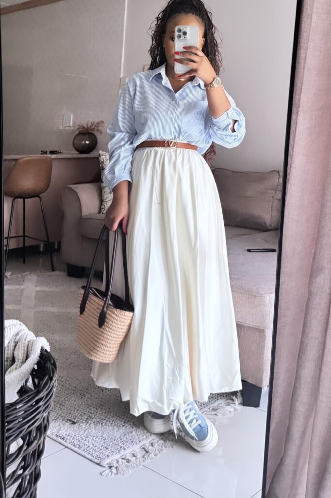 Blue Striped Button-Down + White Maxi Skirt + Blue & White Platform Sneakers
