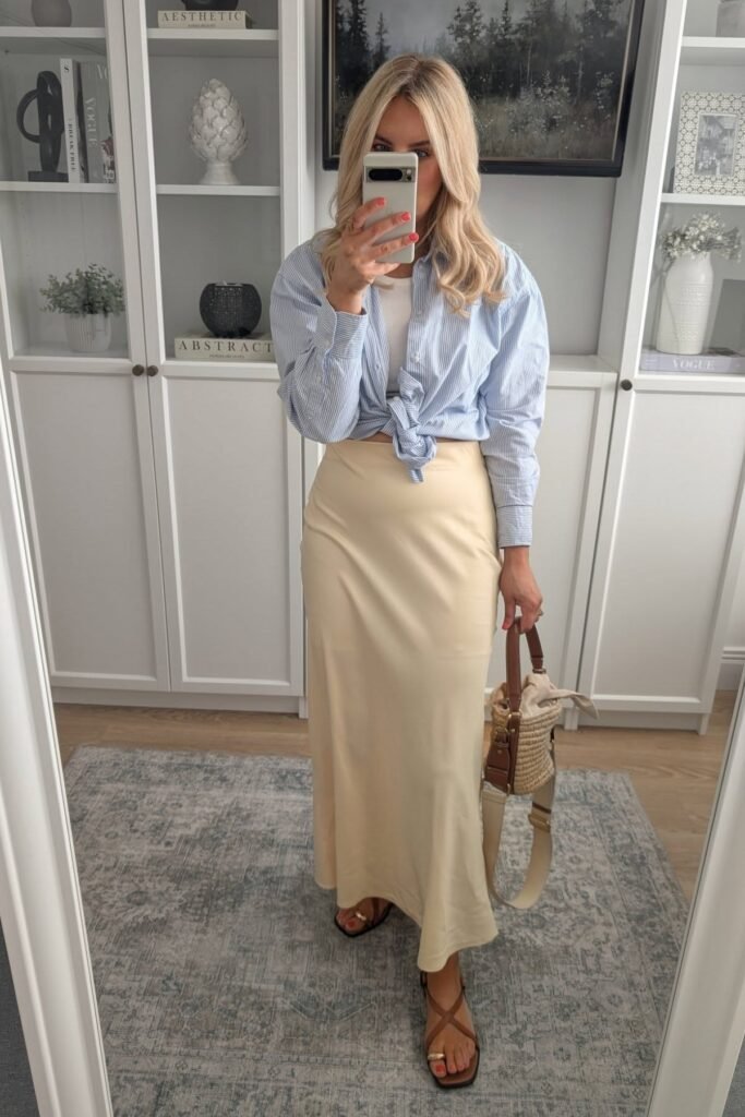 Blue Striped Tied Shirt + Cream Satin Maxi Skirt + Brown Strappy Sandals