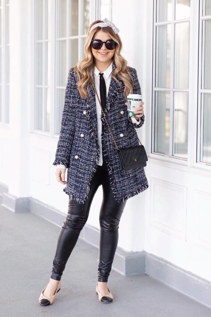 Blue Tweed Longline Blazer + Black Leather Leggings + Beige Cap Toe Flats