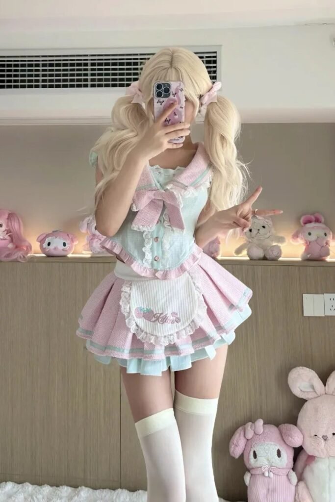 Blue and Pink Gingham Sailor Top + Pink Tiered Mini Skirt + White Thigh-High Stockings