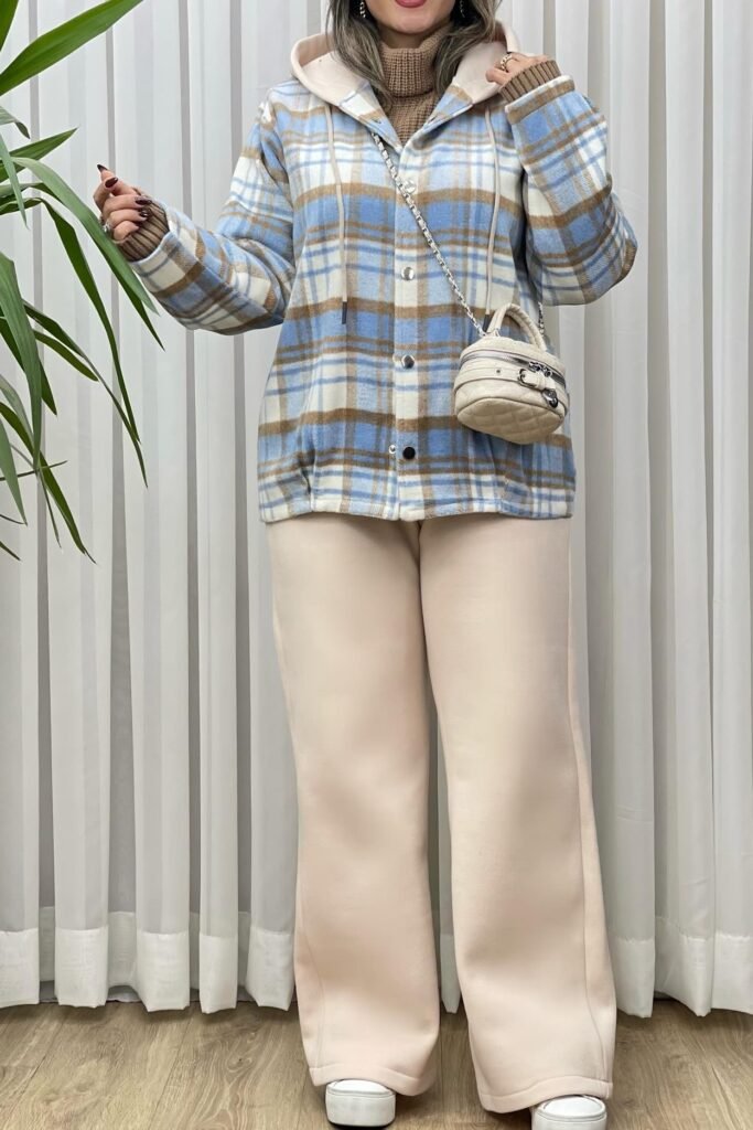 Blue and Tan Plaid Hooded Shacket + Beige Wide-Leg Sweatpants + White Platform Sneakers