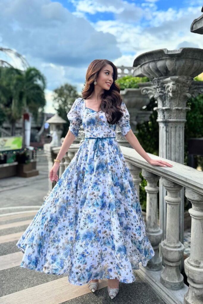 Blue and White Floral Puff Sleeve Gown + Blue Waist Tie + Silver Pointed Heels