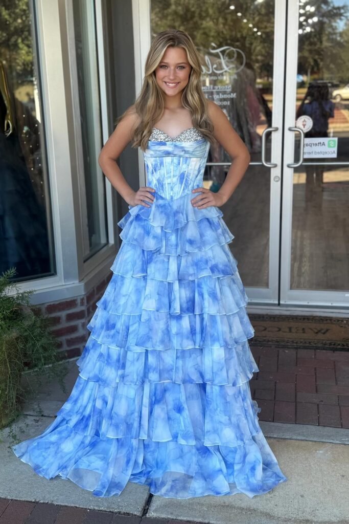 Blue and White Floral Ruffled Ballgown + Silver Embellished Bodice