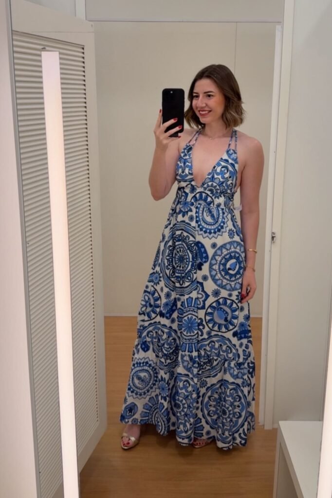 Blue and White Mediterranean Tile Print Halter Maxi Dress + Gold Strappy Sandals