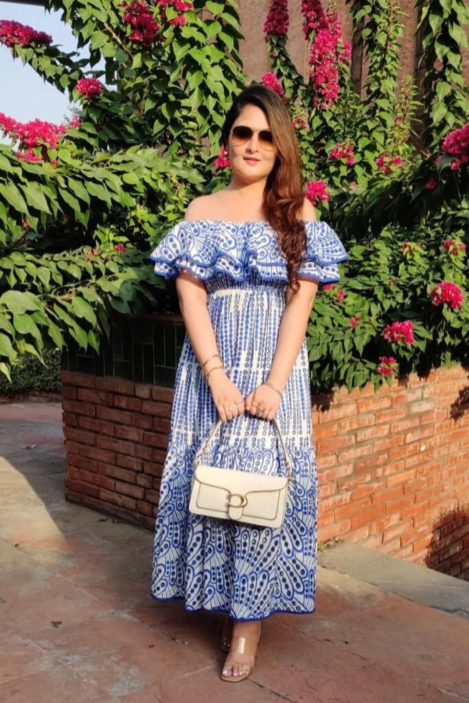 Blue and White Printed Off the Shoulder Ruffle Dress + White Handbag + Clear Strap Heels