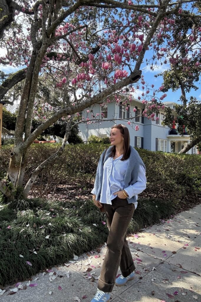 Blue and White Striped Button Down + Grey Knit Sweater (draped) + Dark Brown Straight Leg Jeans + Blue Sneakers