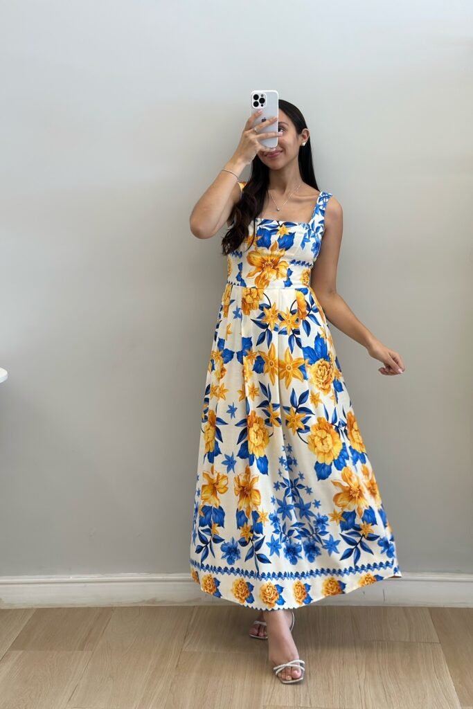 Blue and Yellow Floral Square-Neck Maxi Dress + Silver Strappy Heeled Sandals
