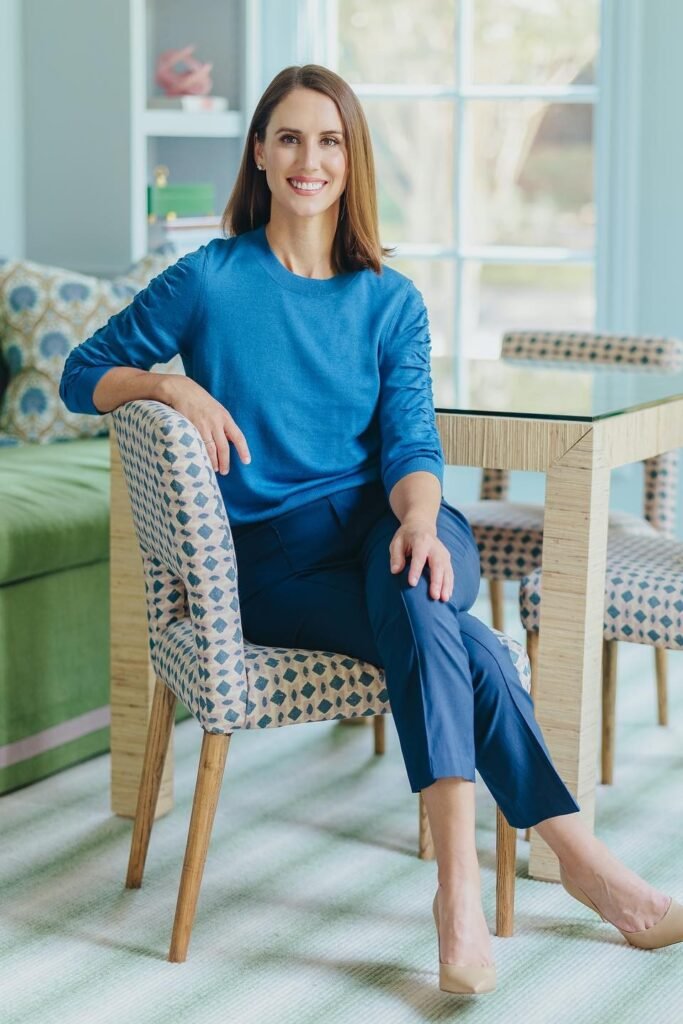 Bright Blue Ruched-Sleeve Sweater + Navy Blue Tailored Trousers + Nude Pointed Heels
