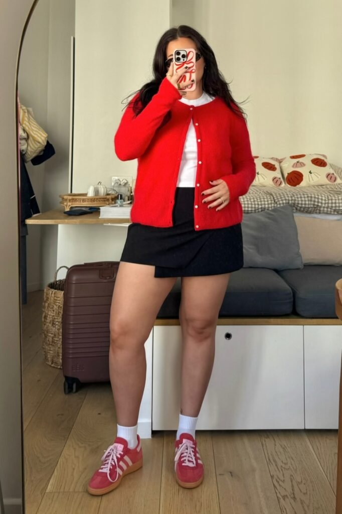 Bright Red Cardigan + White T-Shirt + Black Mini Skort + Red Sneakers